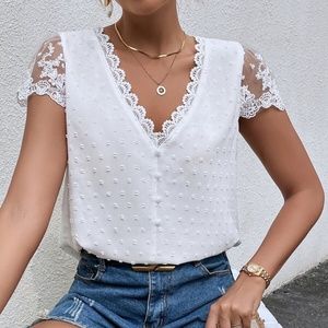 Boho Swiss Dot puff sleeve Floral Lace Blouse